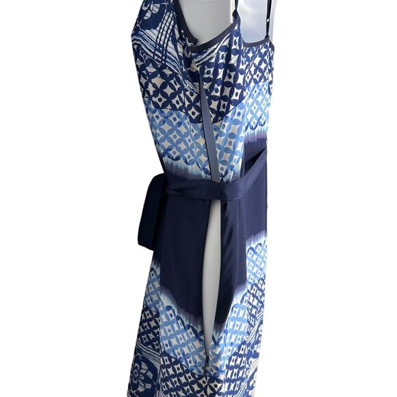 Ann Taylor Mixed Media Batik Atrium Maxi Dress Womens Sz 2 Blue Belted Boho Chic - Picture 7 of 10